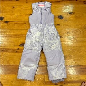 Snozu 5T girls snowsuit bibs purple white zip up Velcro shoulders pockets